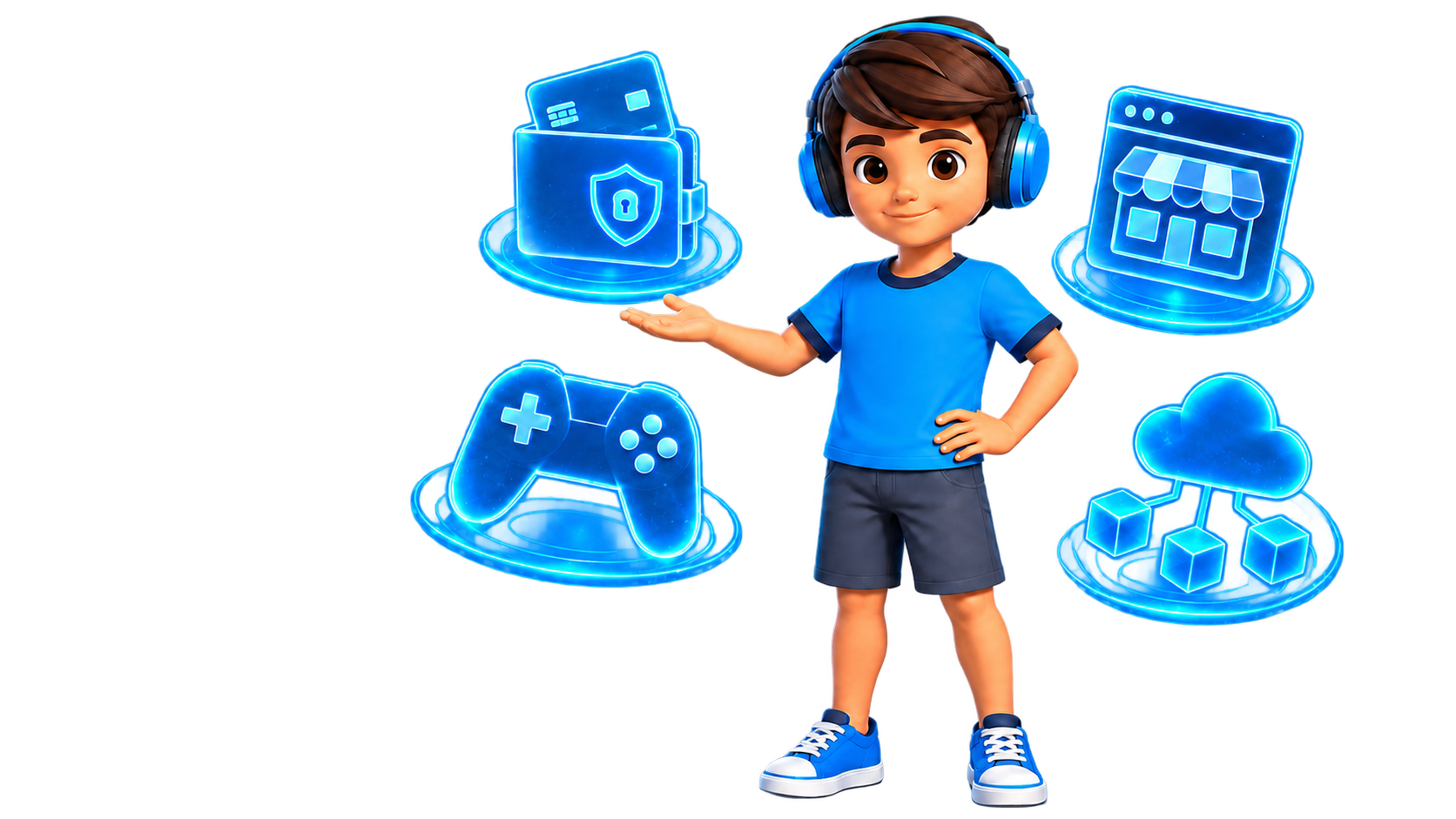 Maskot Rainyfeel bersama ekosistem pembayaran, toko digital, gaming, dan cloud